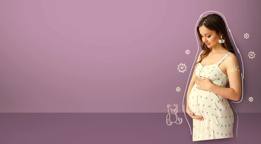 Pregnant lady with a metaphorical whooping cough (pertussis) protective layer protecting her and her baby